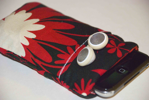 Handhade Ipod, Iphone sleeve w/Pocket Red and Black Floral Design