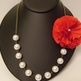 Deep Red Fabric Flower Pearl Necklace, Rose Vintage Necklace, Bridesmaid Necklace, Wedding Jewelry, Flower Necklace - Thumbnail 1