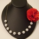 Deep Red Fabric Flower Pearl Necklace, Rose Vintage Necklace, Bridesmaid Necklace, Wedding Jewelry, Flower Necklace - Thumbnail 2