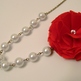 Deep Red Fabric Flower Pearl Necklace, Rose Vintage Necklace, Bridesmaid Necklace, Wedding Jewelry, Flower Necklace - Thumbnail 3