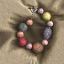 Yellow, Light Blue, Coral Felt Bead Bracelet with Heart Clasp & Malt Ball Beads