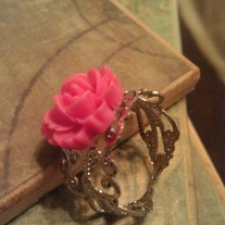 Hot Pink Flower Silver Filigree Ring