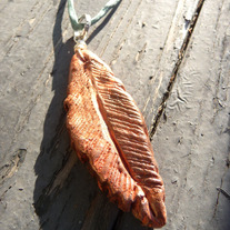 FREE FALLING // feather necklace on silk cord _ copper & green w/ sterling