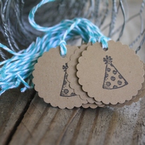 Birthday Hat Kraft Tags on Bakers Twine - Set of 15