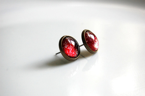 Antiqued Brass Glitter Post Earrings - red silver sparkle