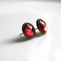 Antiqued Brass Glitter Post Earrings - red silver sparkle