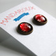 Antiqued Brass Glitter Post Earrings - red silver sparkle - Thumbnail 2
