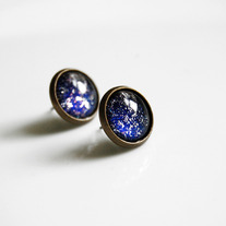 Antiqued Brass Glitter Post Earrings - royal midnight blue silver sparkles