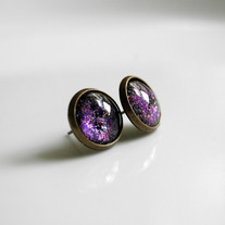 Antiqued Brass Glitter Post Earrings - purple pink black glitter - space nebula galaxy