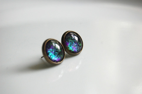 Antiqued Brass Glitter Post Earrings - purple green black glitter - space nebula galaxy