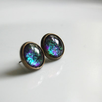 Antiqued Brass Glitter Post Earrings - purple green black glitter - space nebula galaxy