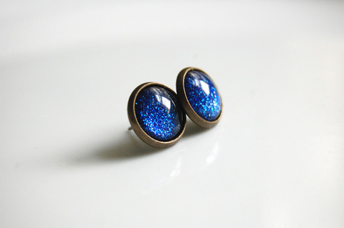 Antiqued Brass Glitter Post Earrings - midnight blue glitter