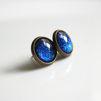 Antiqued Brass Glitter Post Earrings - midnight blue glitter