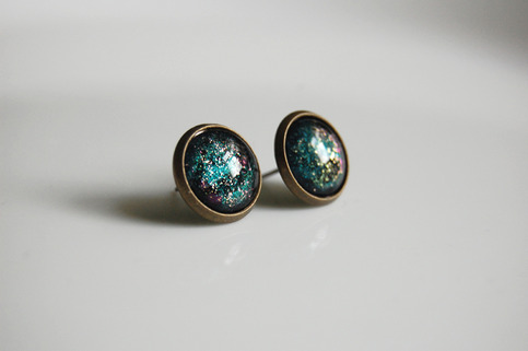 Antiqued Brass Glitter Post Earrings - teal blue green pink - space nebula galaxy