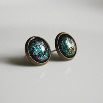 Antiqued Brass Glitter Post Earrings - teal blue green pink - space nebula galaxy