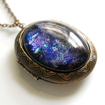 Large Antiqued Ornate Photo Locket Necklace - blue black rainbow glitter