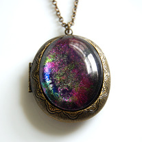 Large Antiqued Ornate Photo Locket Necklace - pink green blue glitter