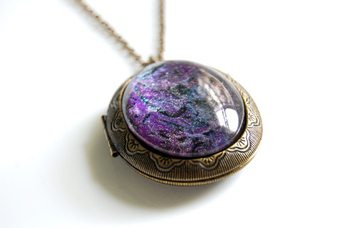 Large Antiqued Ornate Photo Locket Necklace - pink purple black glitter swirl