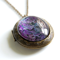Large Antiqued Ornate Photo Locket Necklace - pink purple black glitter swirl