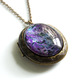 Large Antiqued Ornate Photo Locket Necklace - pink purple black glitter swirl - Thumbnail 1