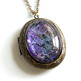 Large Antiqued Ornate Photo Locket Necklace - pink purple black glitter swirl - Thumbnail 2