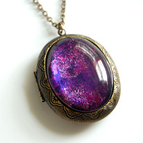 Large Antiqued Ornate Photo Locket Necklace - purple pink glitter