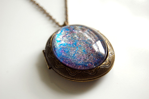 Large Antiqued Ornate Photo Locket Necklace - pink silver blue glitter
