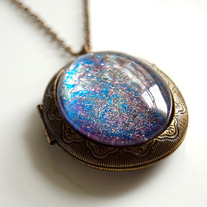 Large Antiqued Ornate Photo Locket Necklace - pink silver blue glitter