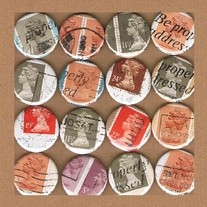 Upcycled vintage postage stamp badge - Machin - ORANGES, BROWNS and NEUTRAL