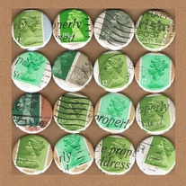 Upcycled vintage postage stamp badge - Machin - GREENS