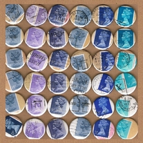 Upcycled vintage postage stamp badge - Machin - BLUES and PURPLES