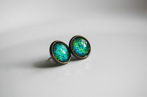 Antiqued Brass Glitter Post Earrings - blue lime green glitter