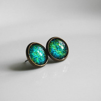 Antiqued Brass Glitter Post Earrings - blue lime green glitter