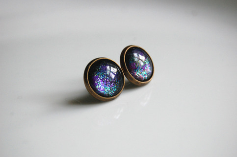 Antiqued Brass Glitter Post Earrings - black purple green