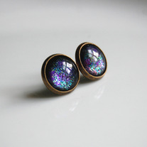 Antiqued Brass Glitter Post Earrings - black purple green