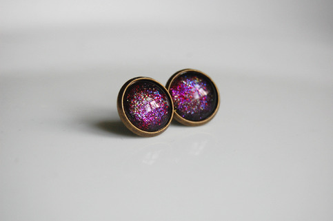 Antiqued Brass Glitter Post Earrings -  pink red purple