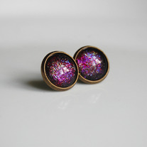 Antiqued Brass Glitter Post Earrings -  pink red purple
