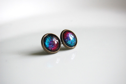 Antiqued Brass Glitter Post Earrings - pink blue split