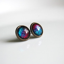 Antiqued Brass Glitter Post Earrings - pink blue split