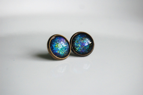 Antiqued Brass Glitter Post Earrings - green blue purple