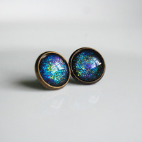 Antiqued Brass Glitter Post Earrings - green blue purple