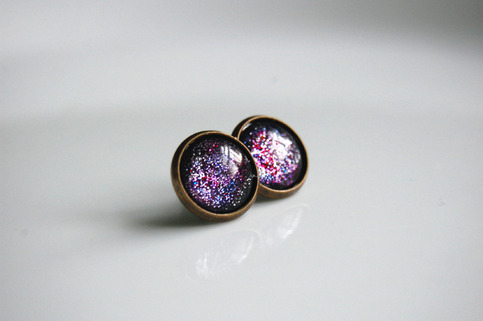 Antiqued Brass Glitter Post Earrings - purple pink silver
