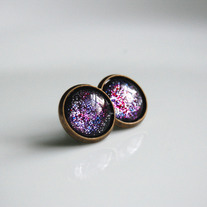 Antiqued Brass Glitter Post Earrings - purple pink silver