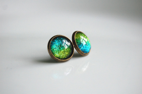 Antiqued Brass Glitter Post Earrings - blue lime green split