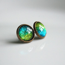 Antiqued Brass Glitter Post Earrings - blue lime green split