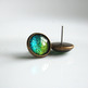 Antiqued Brass Glitter Post Earrings - blue lime green split - Thumbnail 1