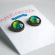 Antiqued Brass Glitter Post Earrings - blue lime green split - Thumbnail 2