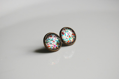 Antiqued Brass Glitter Post Earrings - party cake - rainbow and silver sparkle