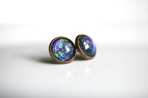 Antiqued Brass Glitter Post Earrings - black blue purple lime green - space nebula galaxy