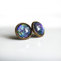 Antiqued Brass Glitter Post Earrings - black blue purple lime green - space nebula galaxy
